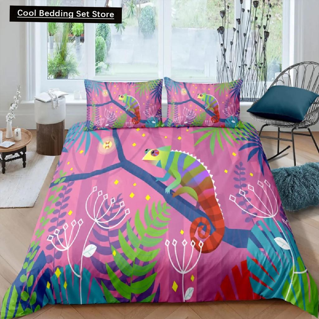 Kameleon Zestaw Poszwy na Kołdrę Motyw Dzikich Zwierząt 3D Zestaw Pościeli na Łóżko Pojedyncze Poszwa na Kołdrę Dzikiej Przyrody Chłopcy Zielony Liść Poliestrowa Poszwa na Kołdrę
