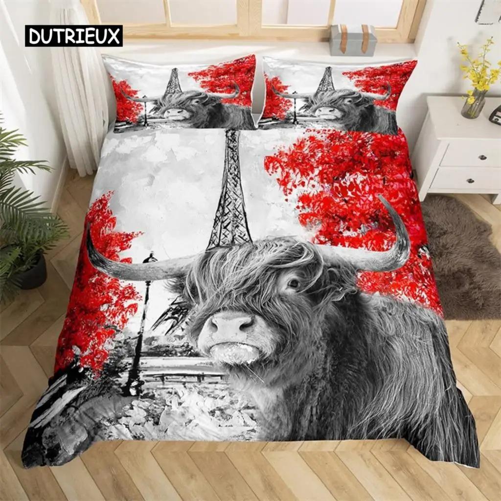 Highland İnek Yatak Takımı Polyester Boğa Sığır Çiçekleri Yorgan Kılıfı Batı Vahşi Hayvan Yorgan Kılıfı Çiftlik Evi İnek Yatak Örtüsü Kılıfı