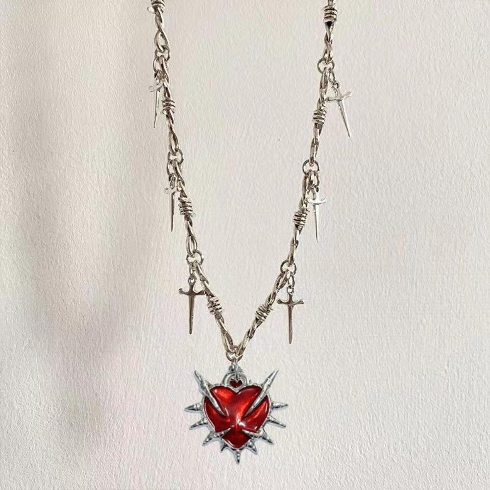Yk2 Subculture Sliver Color Thorn Chain Sword Tassel Black Heart-shaped Pendant Necklace for Women Men Hip-hop Street Jewelry