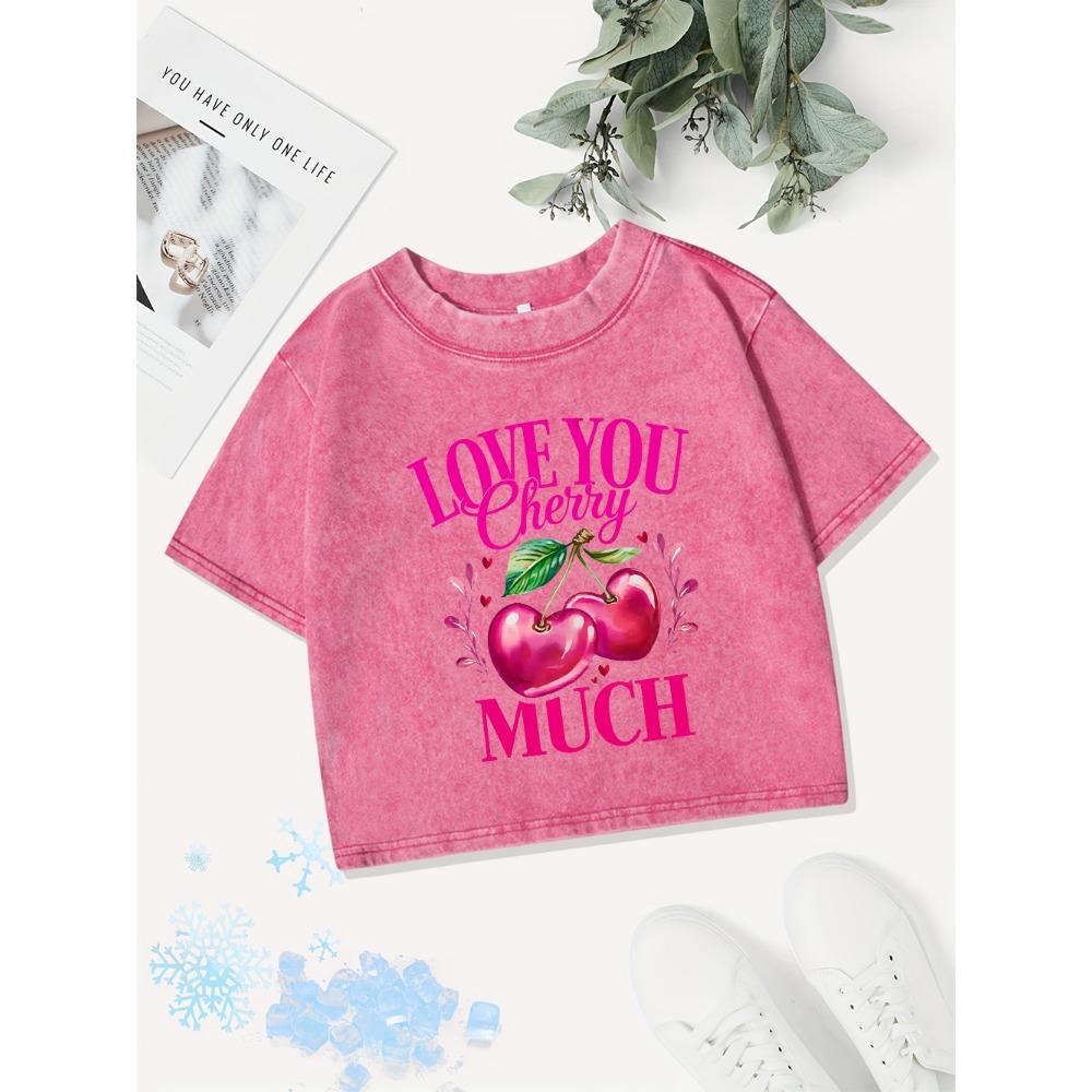 Casual Cotton Crop Tops Womens Love You Cherry Much Printing Washed T-Shirts Street Regular Fit  Sexy Clothes