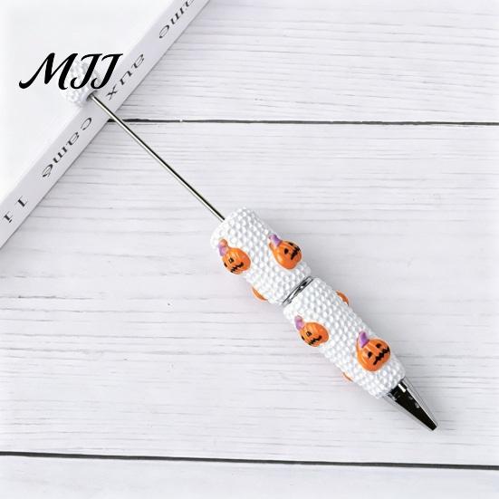 Unique DIY Crafting Supplies Halloween Rhinestone Beadable Pen, Sparkly Cat Pumpkin Ghost Plastic Beaded Cartoon Writing Pens Glitter Black