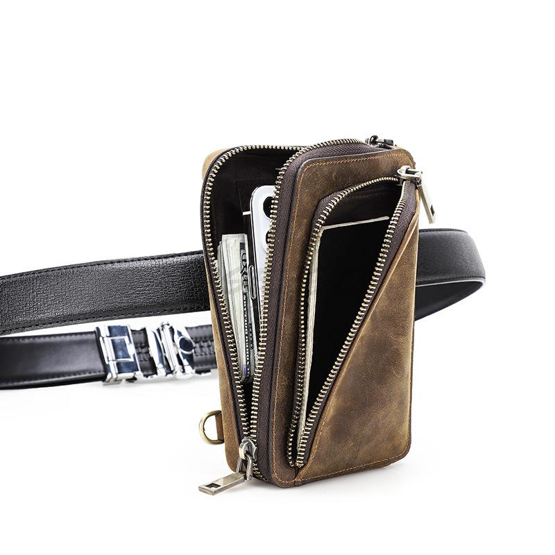 Retro Crazy Horse Leather Phone Bag Outdoor Portable Shoulder Crossover Multi Functional Waist Large Screen Phone Storage Bag