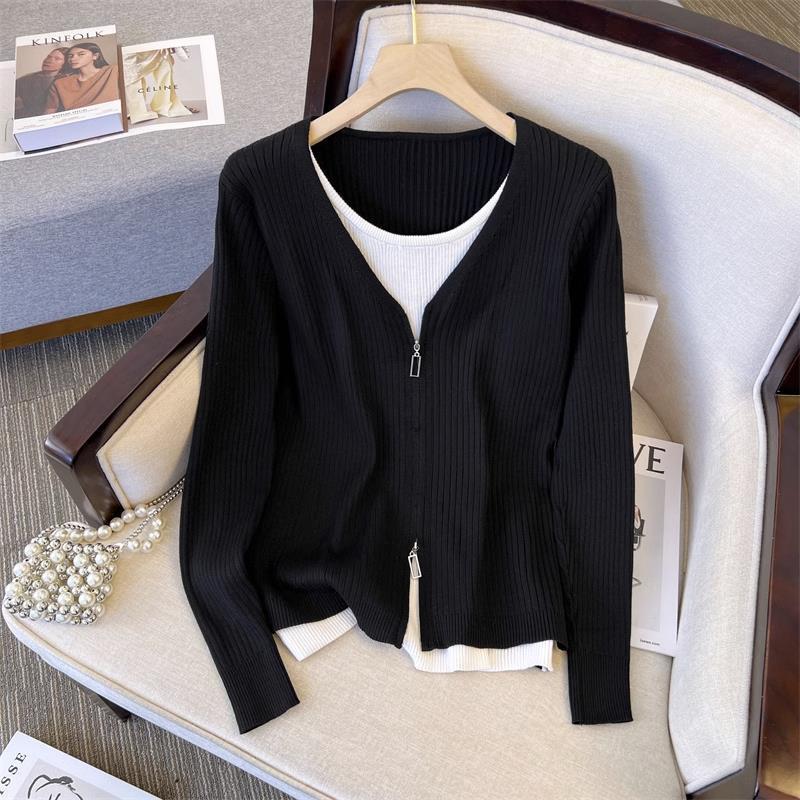 Zipper design sense spring new meat cover thin age reduction sweater fake two tops women