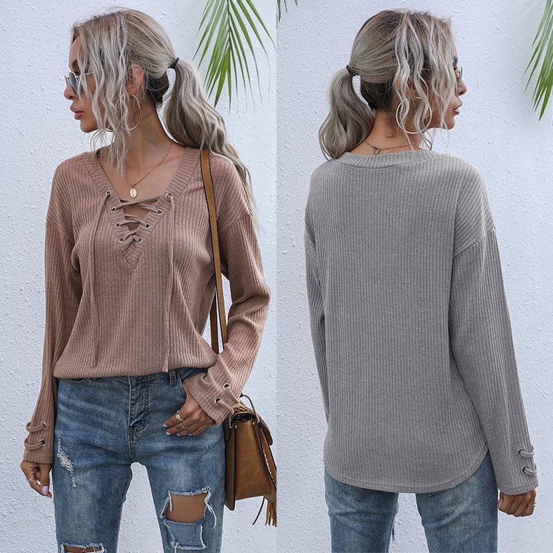 Autumn Gray V-neck Knitted Sweater Women's Loose Pullover Design Fashion Casual Temperament Comfortable Versatile Daily Top