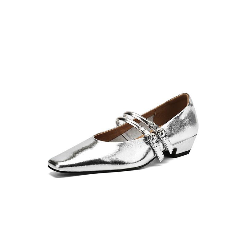 Fashion NEW Spring/Autumn Women Pumps Genuine Leather Shoes for Women Square Toe Chunky Heel Shoes Concise Metal Buckle Mary Jane Shoes