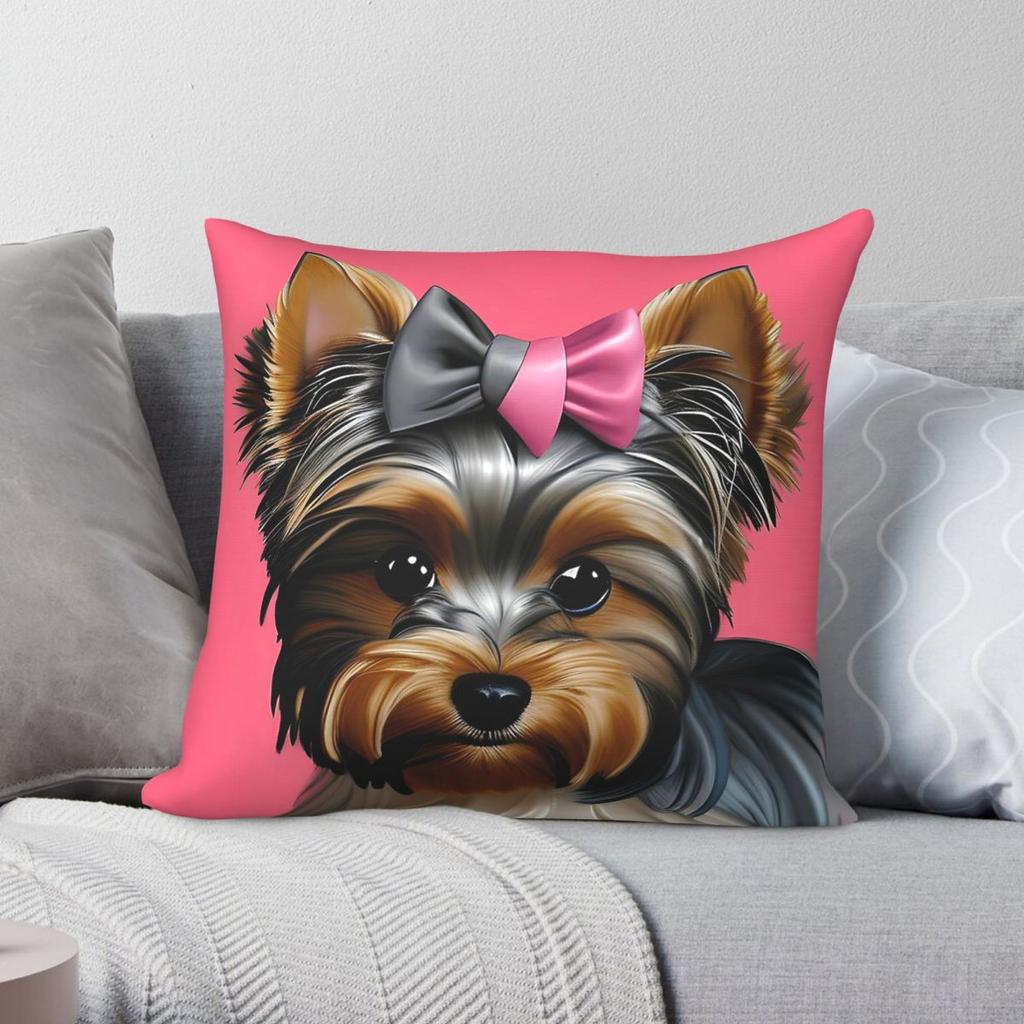 Yorkshire Terrier With A Bow Square Pillowcase Polyester Linen Velvet Pattern Zip Decorative Throw Pillow Case Car Cushion Cover