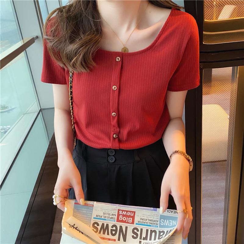 

Женская летняя трикотажная футболка из ледяного шелка с квадратным воротником, топ с короткими рукавами, тонкая короткая пуговица на ключице, однотонная верхняя одежда One Size бордовый