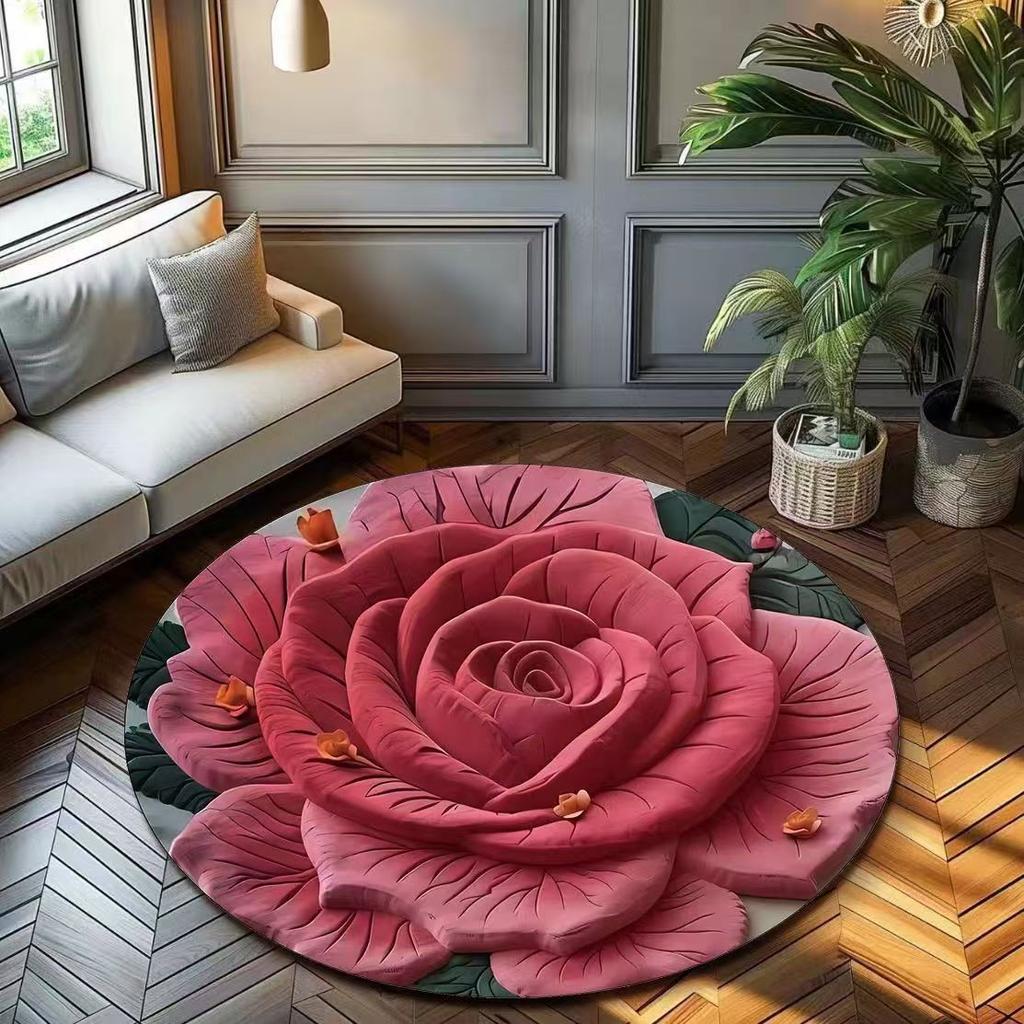 Round Crystal Velvet Bedroom Living Room Sofa 3D Countryside Anti Slip Pad, No Wash Carpet