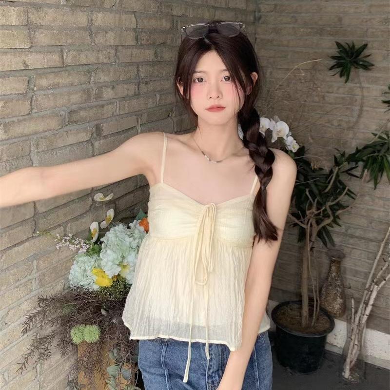 Frauen Leinen Süße Babydoll Rüschen Crop Ärmelloses Top Dünnen Riemen Vorne Schleife Flowy Camis Weibliche Koreanische Tank Top