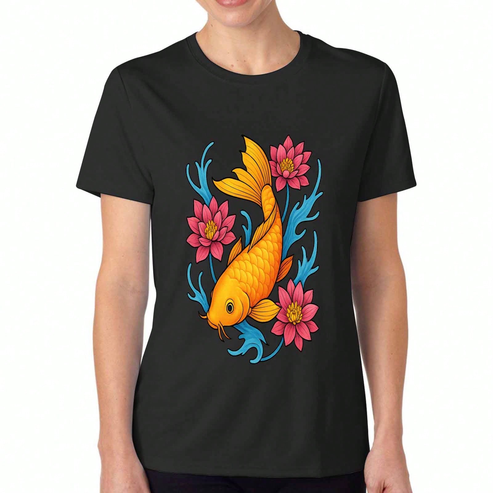 Koi Fish Womens Cotton T Shirt, Pure Cotton Premium Print,Durable And Longlasting,Casual Fashion,Golden Fish,Swimming Fish,Lucky Fish,Cherry Blossoms, S разноцветный
