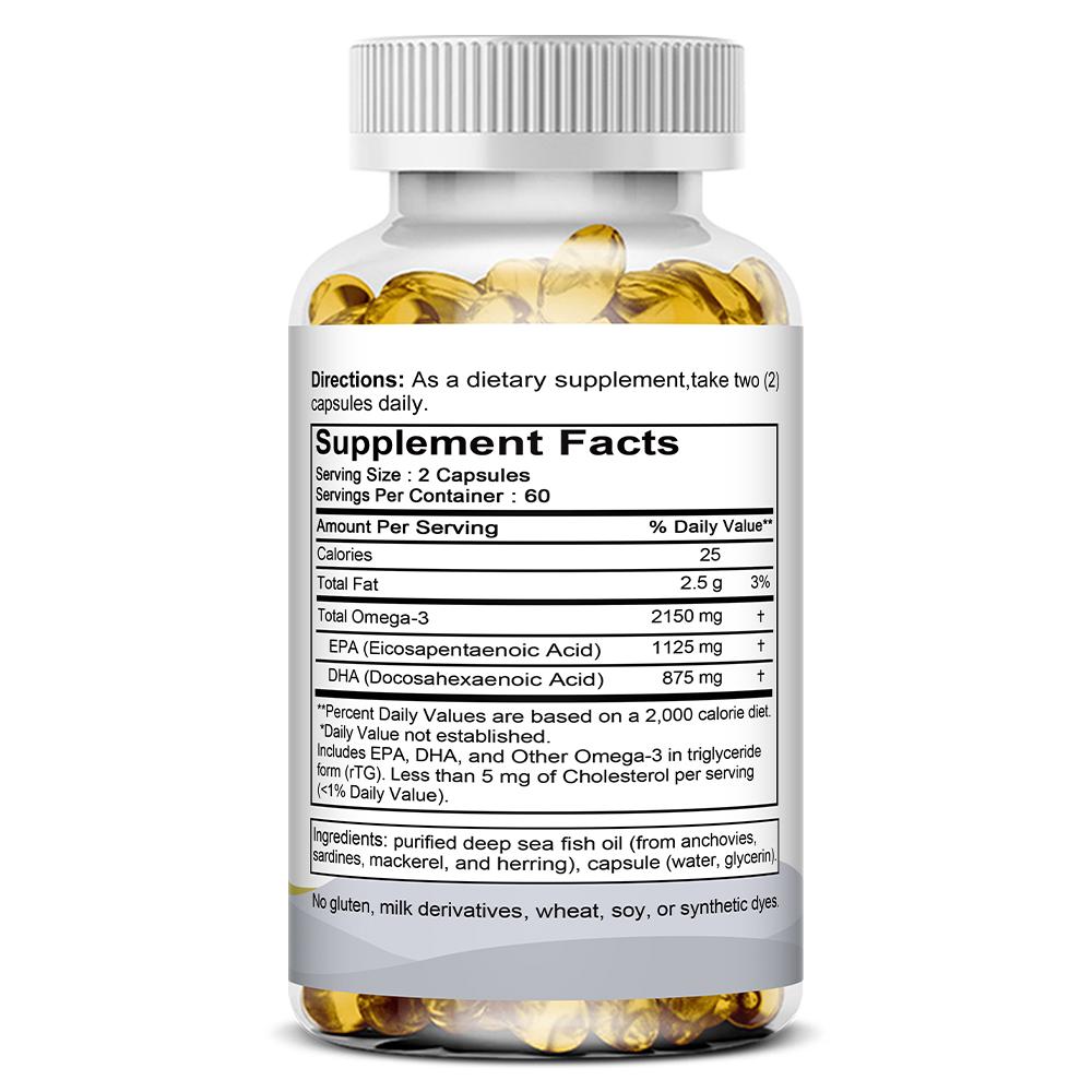 Omega-3 2150 mg Nahrungsergänzungsmittel, mit 1125 mg EPA und 875 mg DHA, 120 Weichkapseln pro Flasche