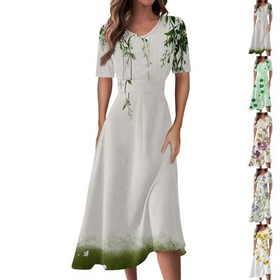 Γυναικεία Casual Fashion Floral (Φύλλο)  Φόρεμα με στάμπα με λαιμόκοψη με κοντό μανίκι στη μέση και μακριά