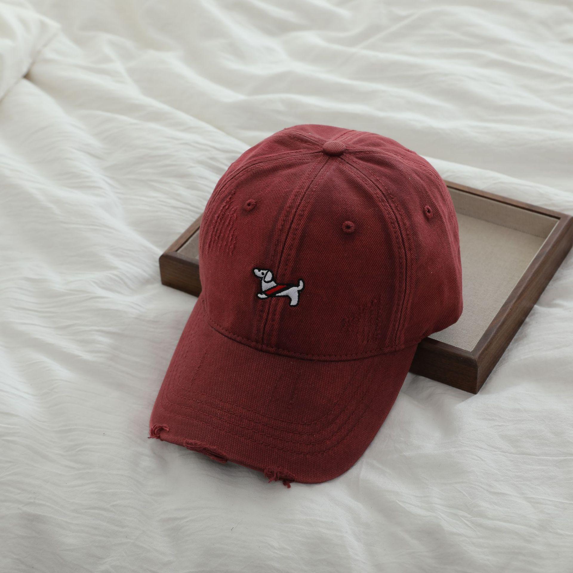 

Уличная кепка весна новый стираный хлопок мягкий верх щенок вышитый бейсболка женская маленькая пара солнцезащитный кепка мужской M（56-58cm） бордовый