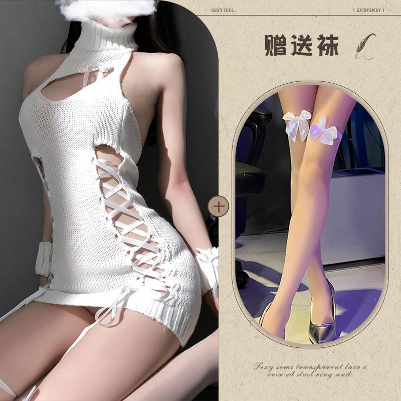 Sex Underwear Turtleneck Halter Hollow Work Mouth Sex Sweater Knitted Suit Seductive and Sexy
