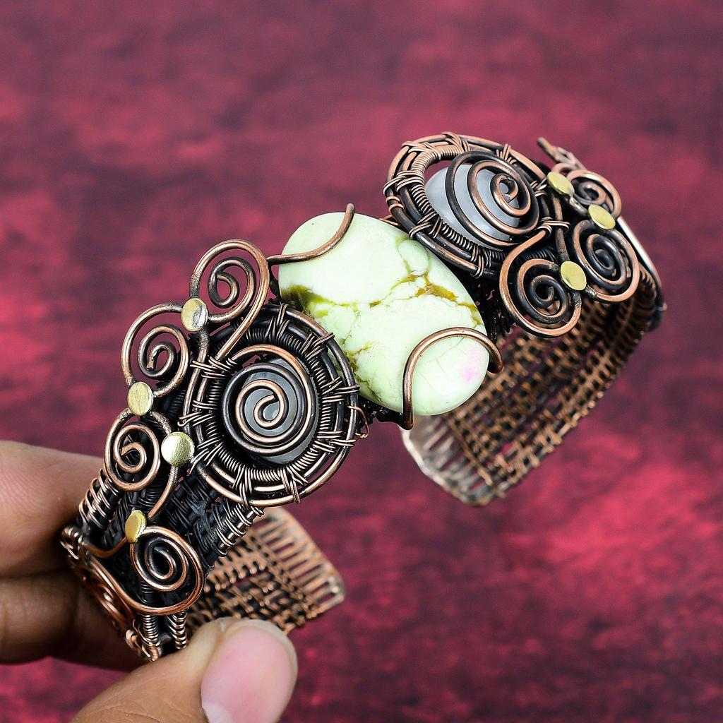 Lemon Chrysoprase & Moonstone Cuff Bracelet Copper Wire Wrapped Adjustable Bangle