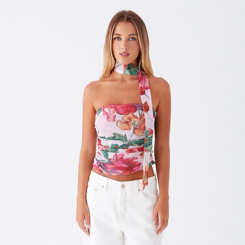 European & American Women s Fashion Mesh Print One-Shoulder Bandeau Top with Neck Scarf Set Large