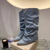 Women's Retro Blue Pleated Cowboy Boots Pointed Toe 5cm Square Heel Middle Heels Women Shoes Knee High Boots Large Size 35-42
