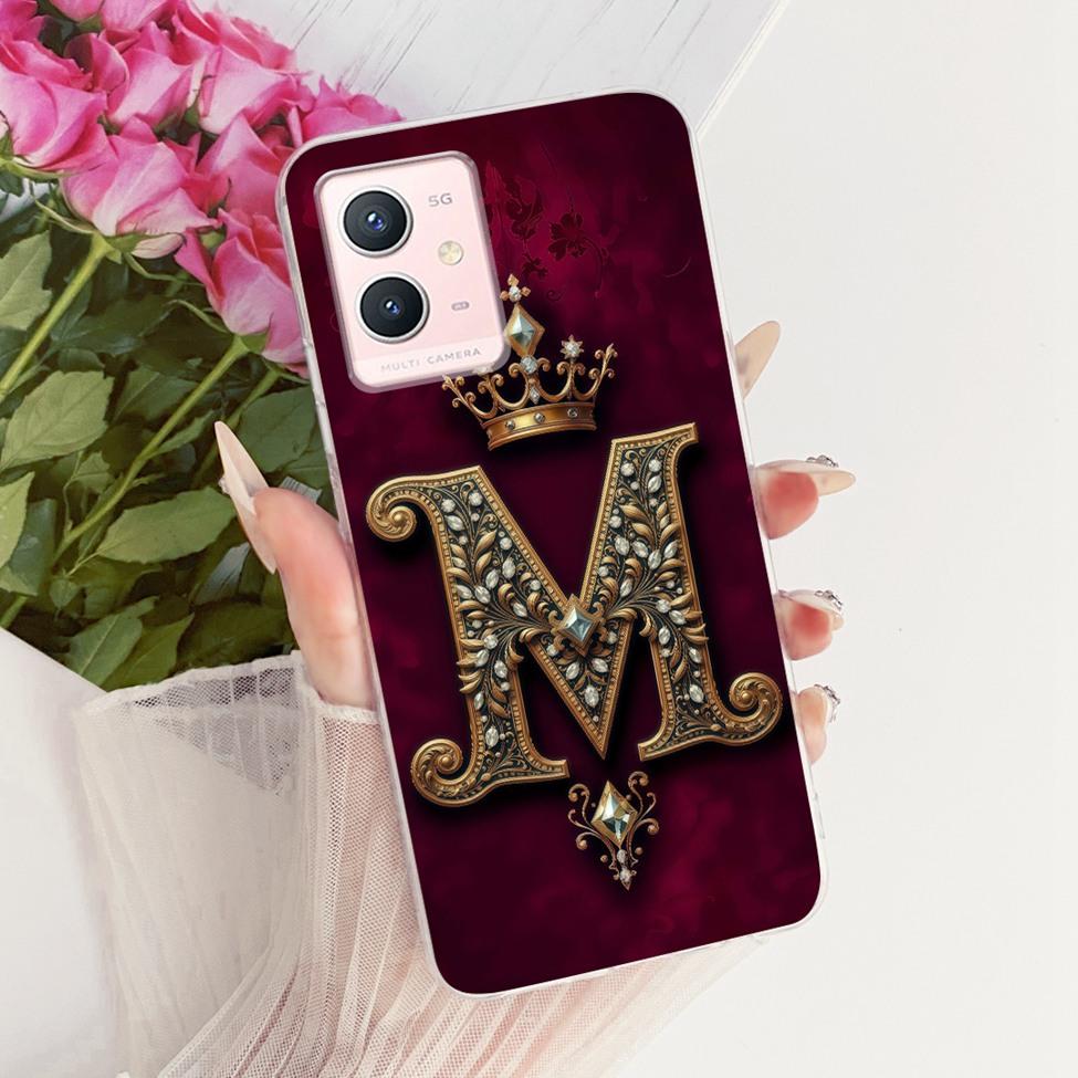 For Vivo Y33s 5G Case Cover Transparent Luxury Crown A-Z Letters 2D Flat Pattern Soft Phone Case For Vivo V2166A