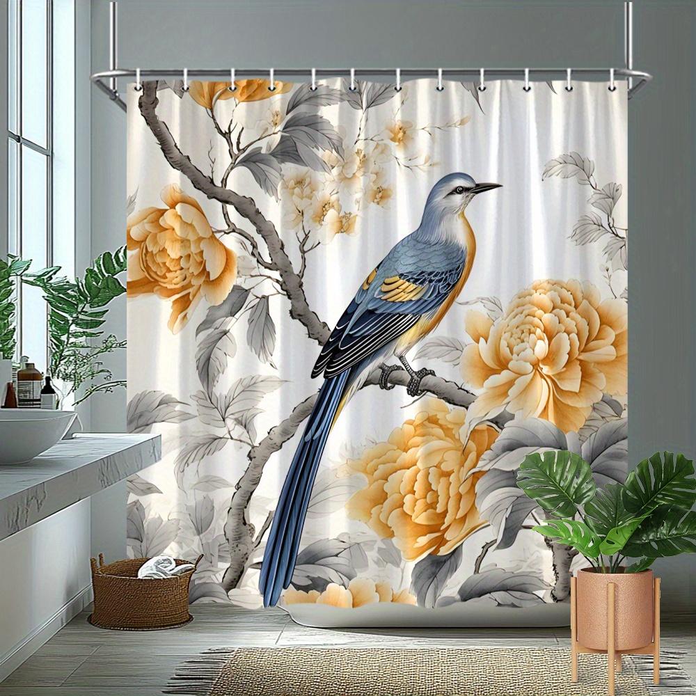 1Pc Shower Curtain With Bird And Peony Pattern, Made Of Polyester, Machine Washable, Suitable For Bathroom Decoration.