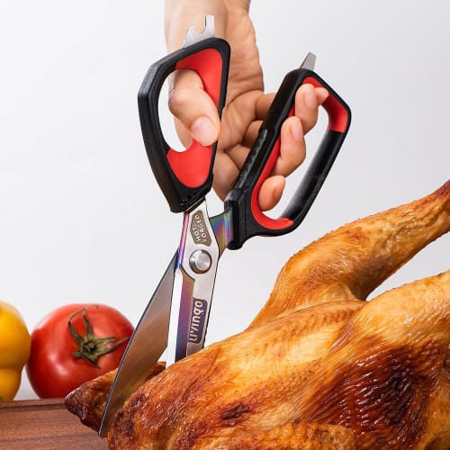 LIVINGO Heavy-Duty Kitchen Scissors, Large, Sharp Stainless Steel with Titanium Coating, Hot-Forged Cutting Blades, Rubber Soft Grip, Nut Cracker, Bot