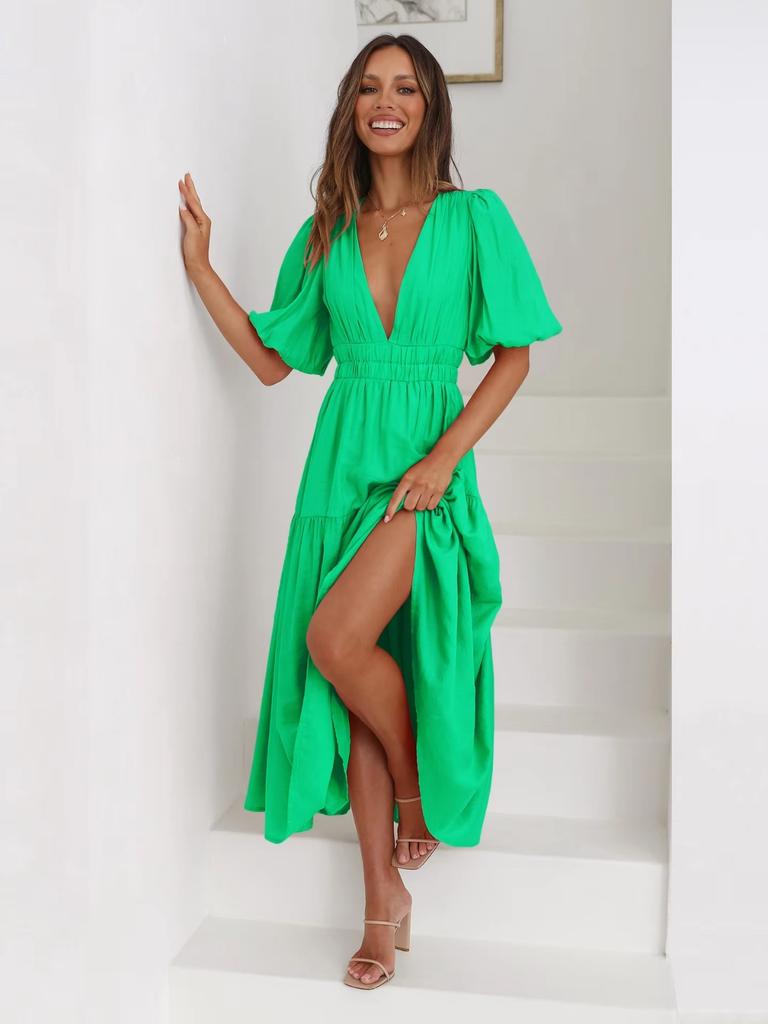 Mote Damer Sommer Vintage Kjole Kvinner Lanternermer Volanger Casual Kjole V-hals Høy Midje Sexy Selskap Midi Strandkjoler