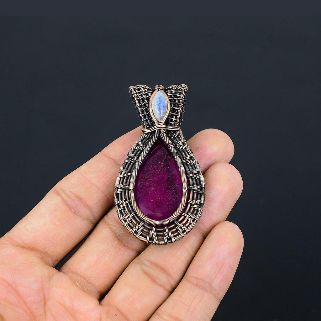 Ruby & Moonstone Pendant Gemstone Jewelry, 999 Copper Wire Wrapped Handmade Pendant, Latest Design Jewelry