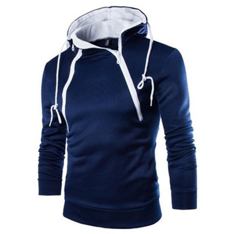 Mens Hooded Pullover Sweatshirt With Dual Zipper Front Contrast Color Design Soft Fleece Lined Long Sleeve Casual