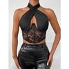 Women's Fashion Casual Stitched Lace Neck Tie Wrap Chest Steel Ring Fishbone  Girl Vest