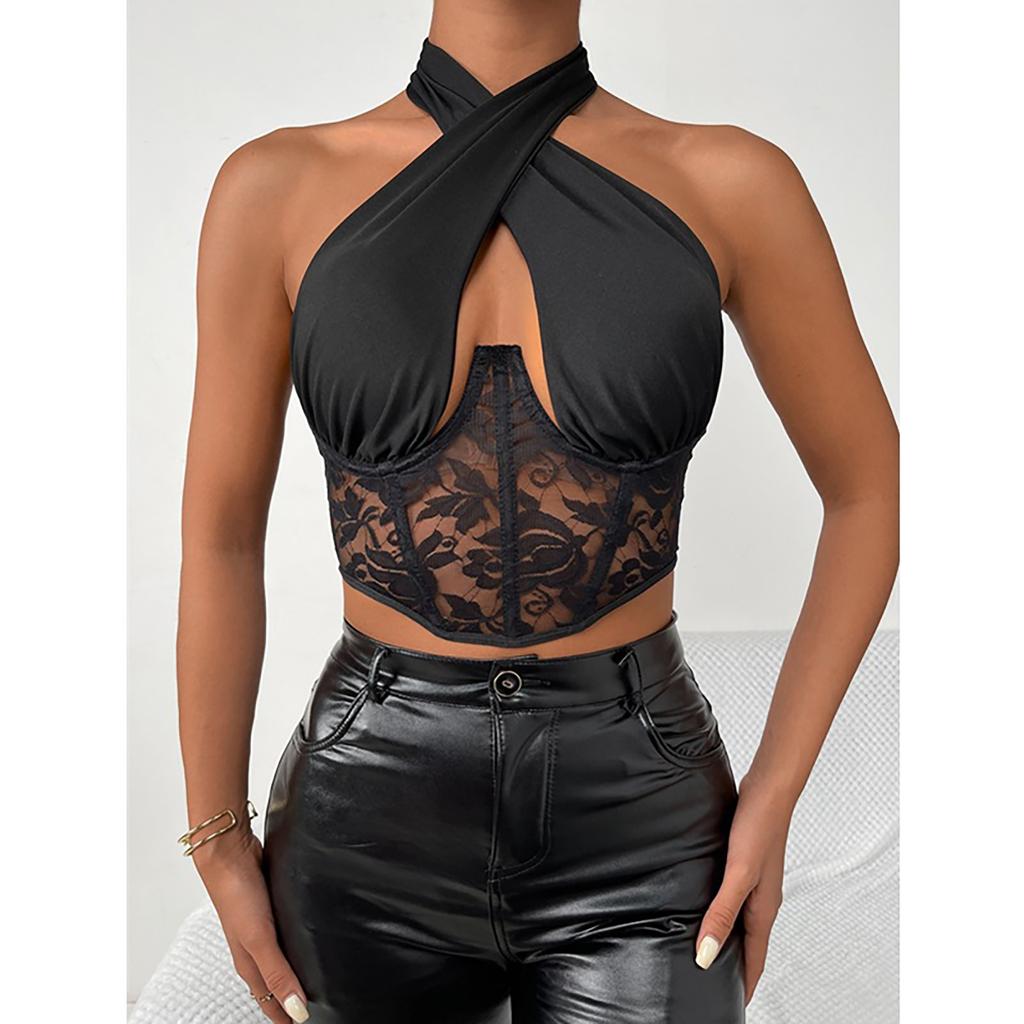 Women's Fashion Casual Stitched Lace Neck Tie Wrap Chest Steel Ring Fishbone  Girl Vest