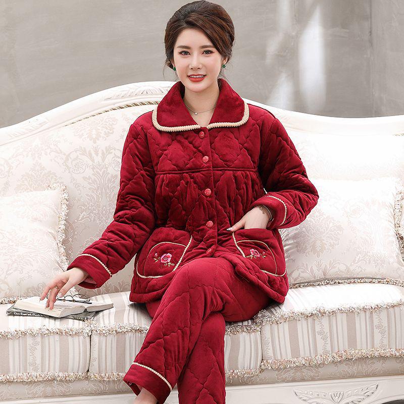 Damen Winter Korallfleece Gesteppter Pyjama - Dickes Flanell Warmes Hausanzug-Set für Mittelalte und Ältere Mütter
