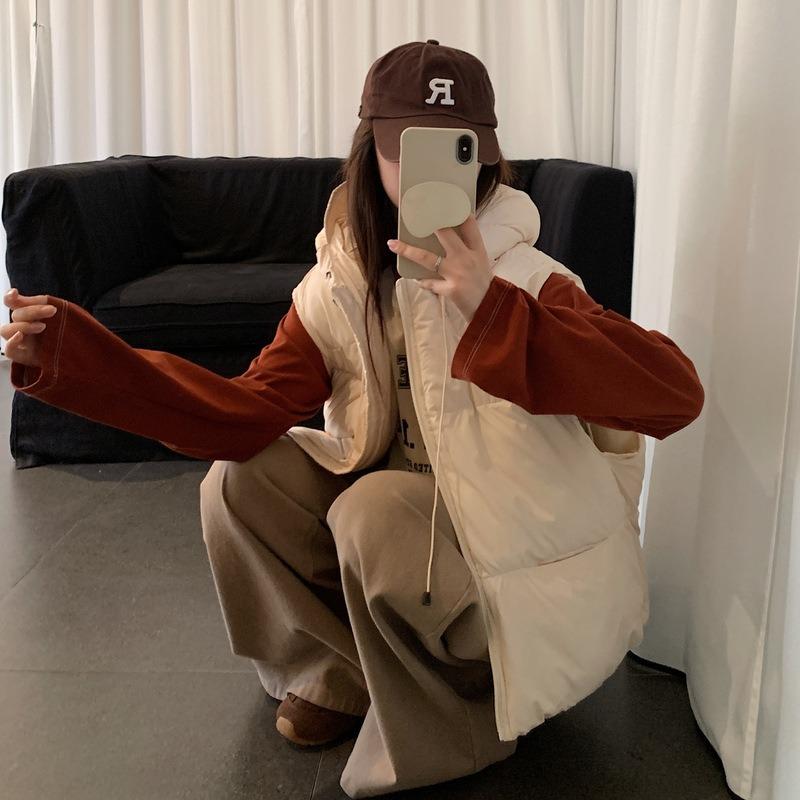 

New autumn and winter puff vest slim and warm down cotton vest women s hooded short cotton-padded vest vest vest XL suggestion [140--160] catties бежевый