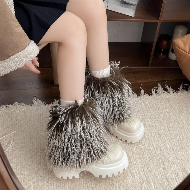 Winter Women's Versatile Fashion Platform Fluffy Booties  New Warm Thickened Cold-proof Cotton Shoes