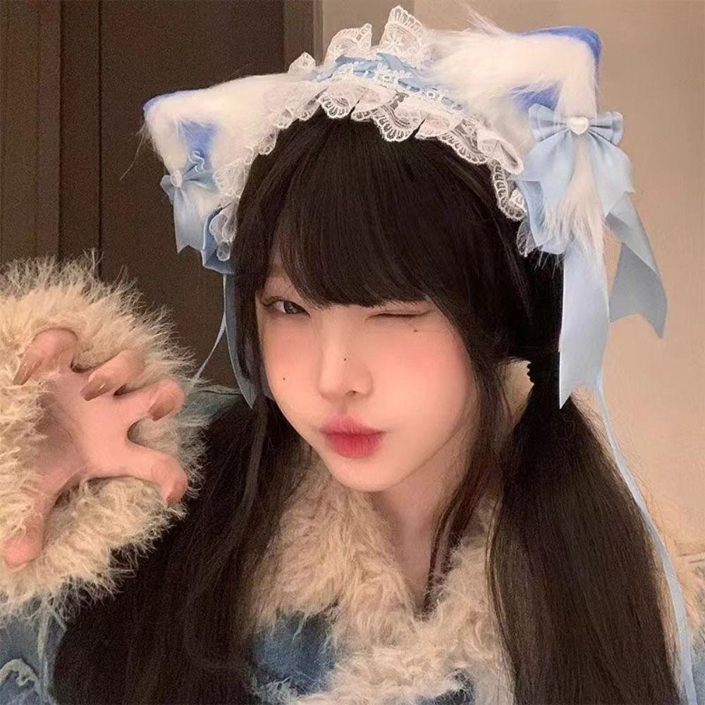 Jk Lolita Lace Headband Plush Cat Ears Barrettes Creative Anime Maid Cosplay Headdress  Daily