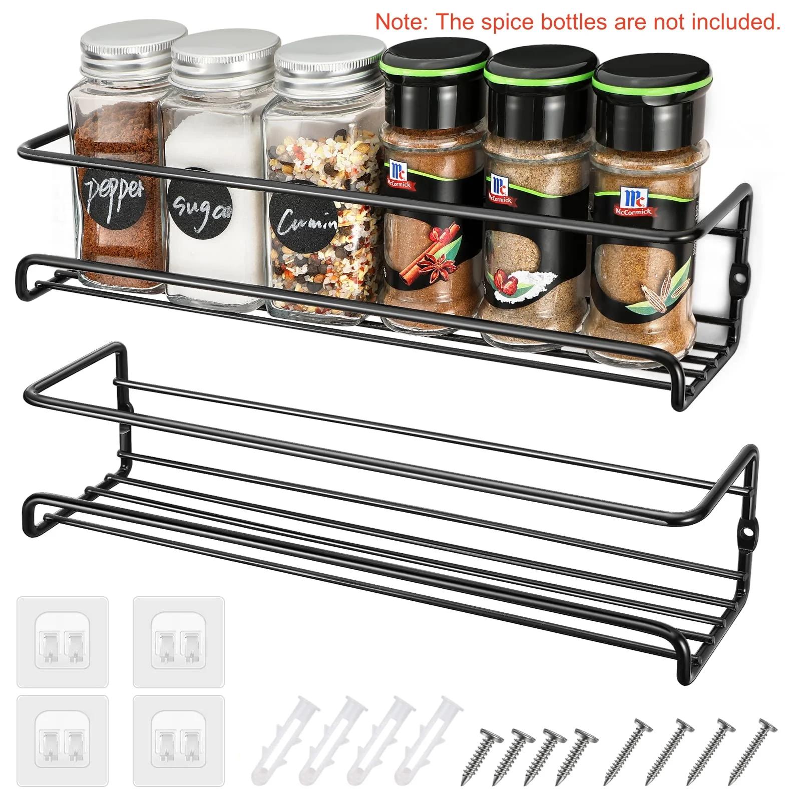 

Wall-mount spice rack organizer for jars and seasonings, upgraded sturdy space-saving shelf, screw or adhesive hanging options