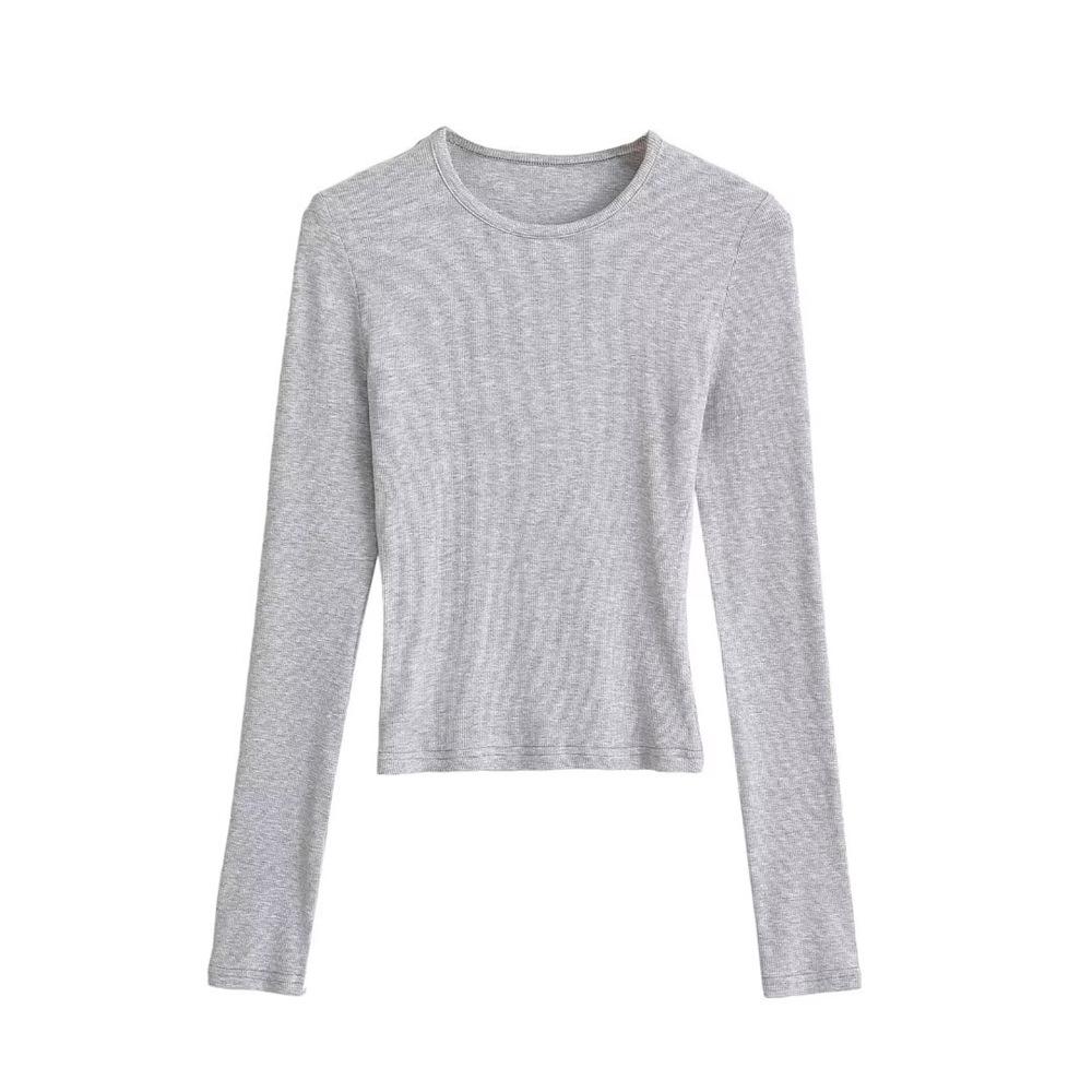 Trendy Women's Ribbed Long Sleeve Round Neck T-shirt - Slim Fit Autumn/Winter Base Layer in Solid Color.