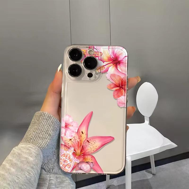 Pink flowers Pattern Clear Phone Case for iPhone 17 Pro Max 16 15 Pro 14 13 12 11 XR 17Air 16 Plus Silicone Cover