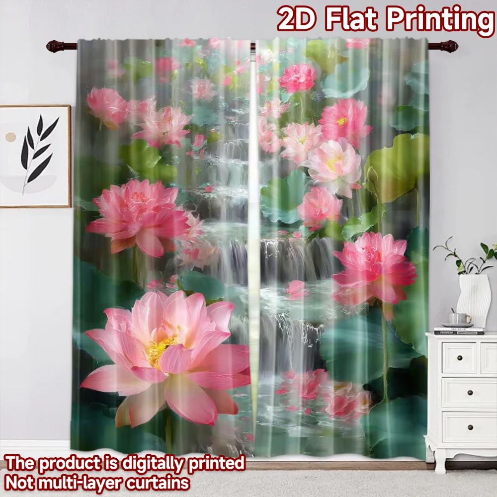 2D Flat Printing 2pcs Curtain Party Window Curtains Waterfall with Pink Lotuses Digital Printed Polyester Drapes Holiday