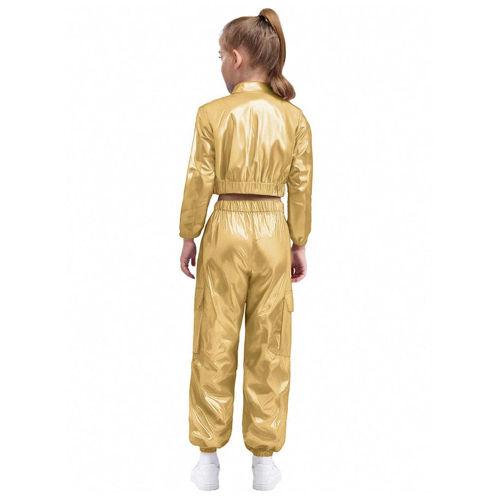 Unisex Kids Metallic Jacket Turn Down Collar Long Sleeve Outwear Shiny Pants Hip Hop Jazz Dance Set
