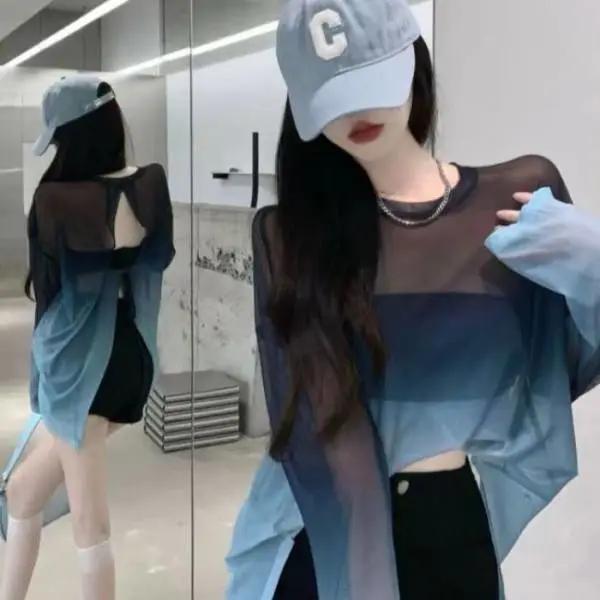 Summer Hollow Backless Strap T-shirt Thin Gradient Ice Silk Loose Sunscreen Clothing Vintage Goth Women Shirts Sexy Tops