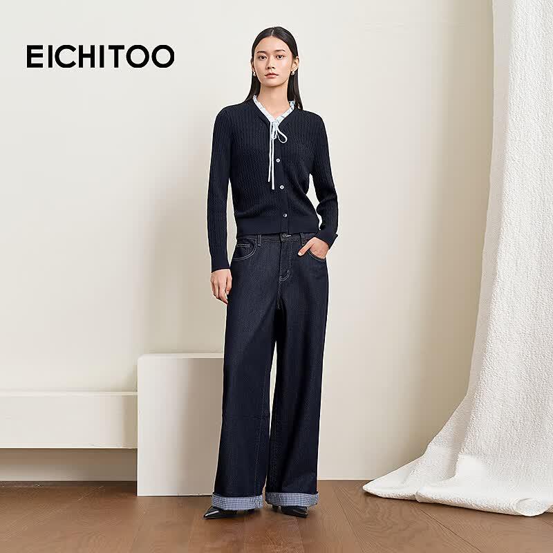 EICHITOO Women's Wool Blend Navy Ruffle V-Neck Sweater