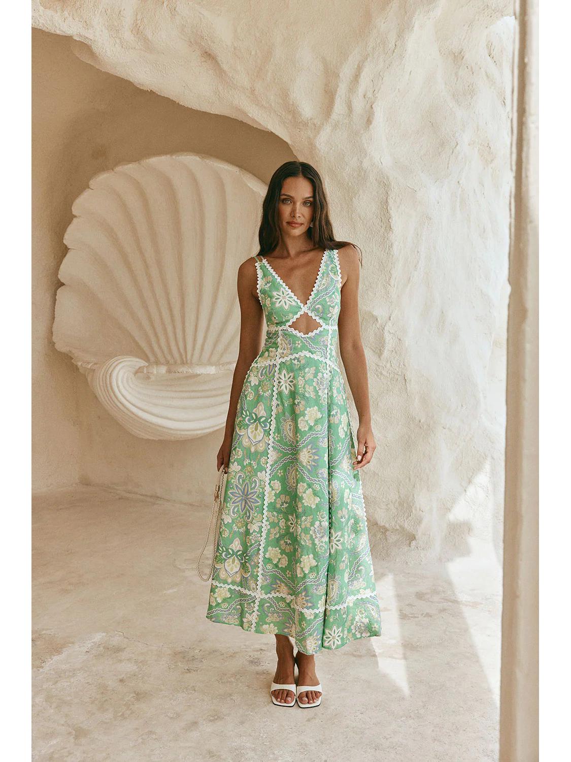 2026 Cross-Border Fashion Lace Trim Linen Camisole Dress Medium цветочный