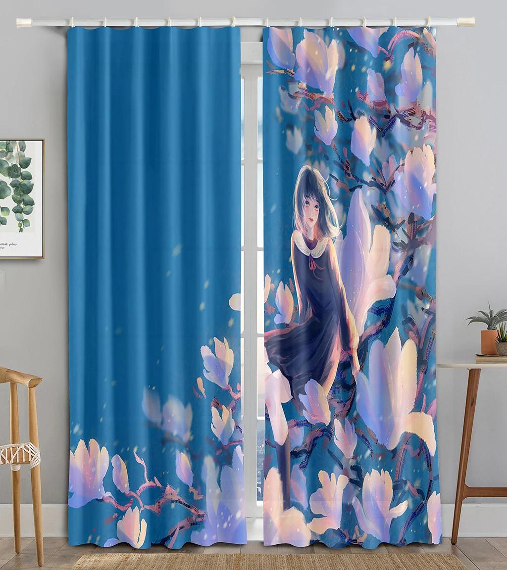 

Мультяшная девушка розовая роза тюльпан белая лилия цветы занавеска детская спальня 2 панели высокая затененность мода различные цветовые узоры W55 X H120cm X 2&Grommet Top