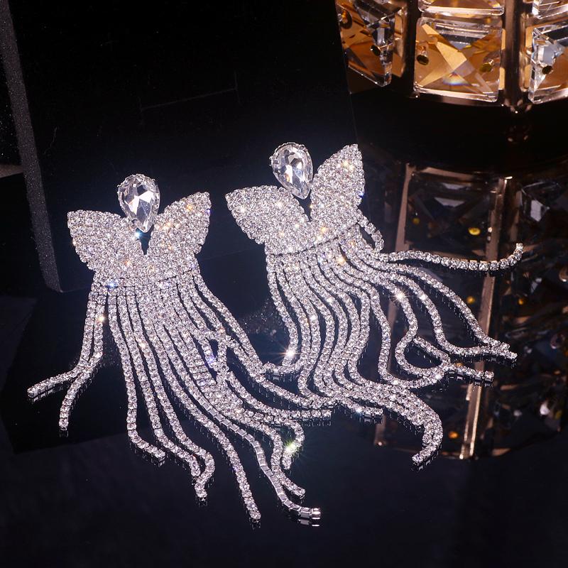 Elegante Weibliche Strass Kristall Tropfen Baumeln Ohrringe Silber Farbe Quaste Lange Ohrringe Für Frauen Hochzeit Große Ohrringe Schmuck