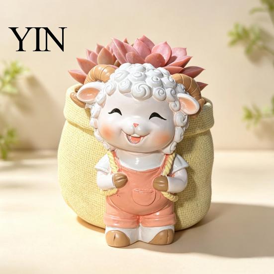 Cute Lamb Succulents Planter Planter, Cartoon Sheep Carring Bag Plant Pot, Decorative Resin Small Flower Pot for Succulents, Houseplants, Desk
