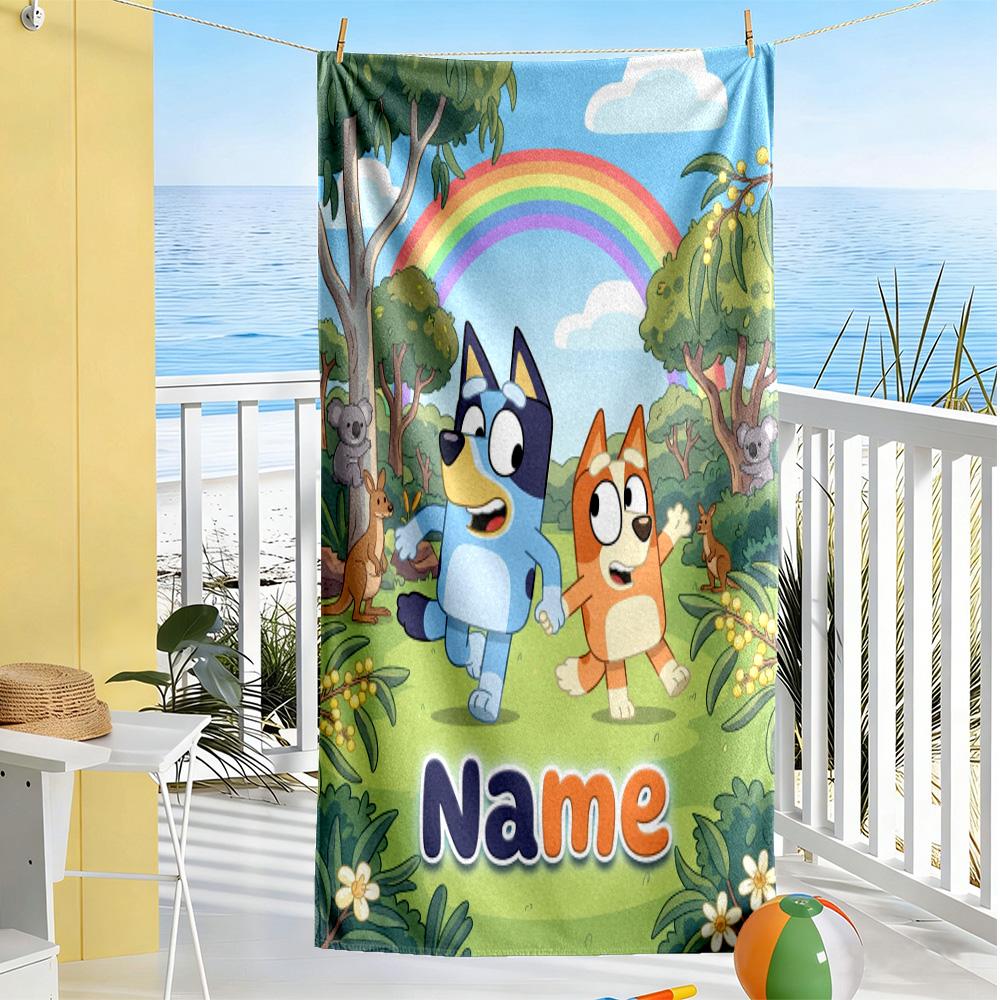 Bluey's Balloon Adventure Customizable Name Beach Towel High Absorbency & Quick-Dry Suitable for Swimming Gym Camping Yoga Vacation