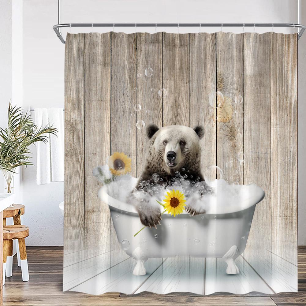 Funny Bear Vintage Shower Curtain Bathing Brown Bear Countryside Cabin Wild Animal Retro Bathroom Decor Polyester Bath Curtain