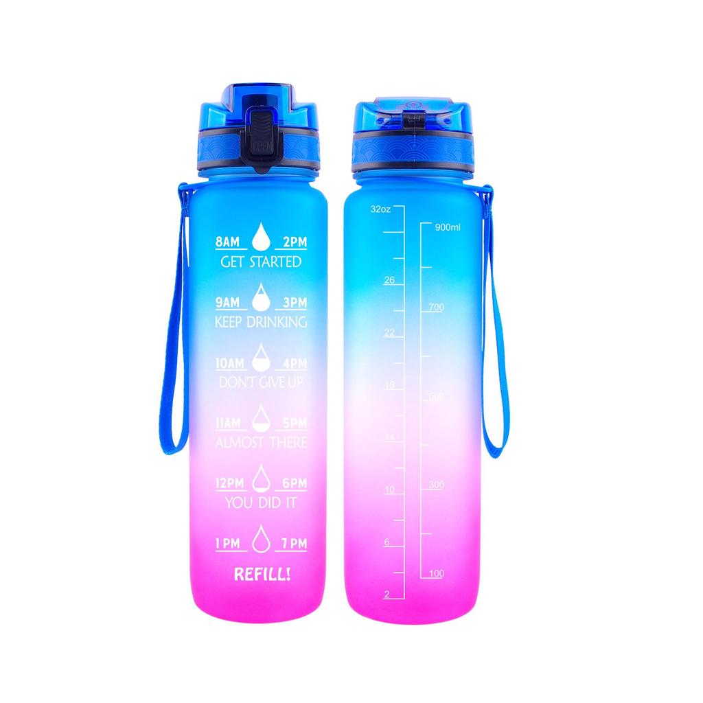 Tritan Frosted 1000ml Plastic Water Bottle with Time & Capacity Scale, Portable Handle