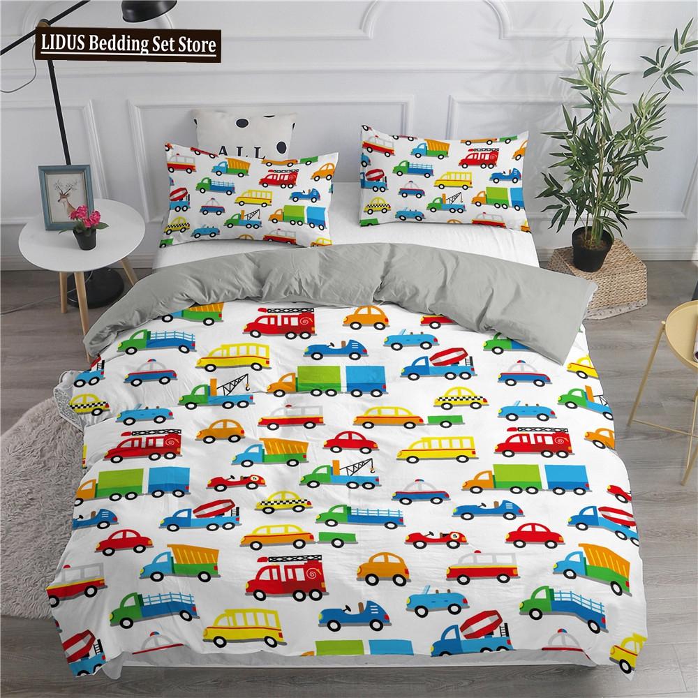 Cartoon Feuerwehrauto King Queen Bettwäscheset für Jungen Kinder Betonmischer Bettbezug Traktor Kran Bagger Polyester Quiltbezug
