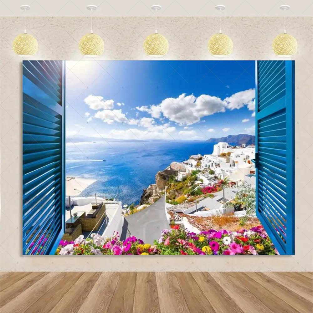 Nordische Griechische Landschaft Hausparty Dekorationen Inselstadt Santorin Blaue Kuppel Kirche Ägäis von Santorin Fotografie Hintergrund
