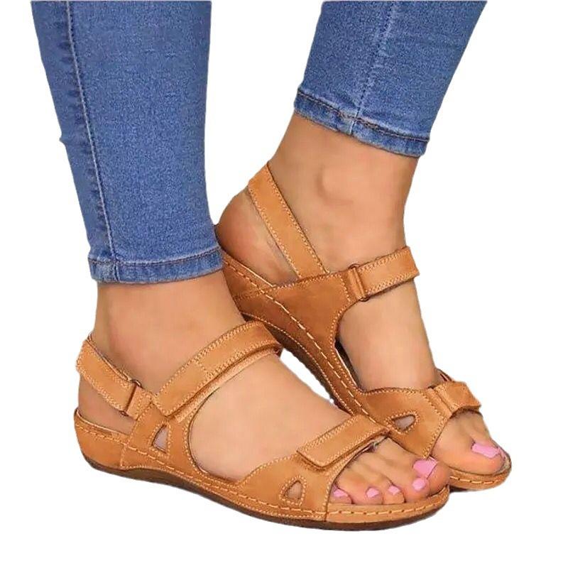 Summer Women's Plus Size Casual Peep Toe Sandals Breathable Flat Velcro Open-Toe Shoes